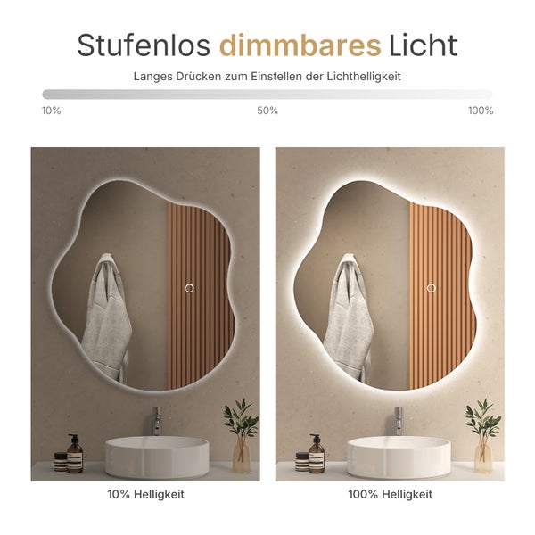 EMKE LED Badspiegel 50 x 60 cm, asymmetrisches Design, Hintergrundbeleuchtung, 3 Farbtemperaturen, dimmbar, Anti-Beschlag, rostfreier Spiegel, flexibel montierbar, IP44, für Badezimmer & Schlafzimmer geeignet