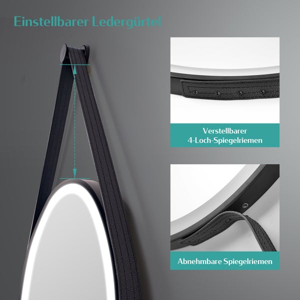 EMKE LED Badspiegel rund Ø70 cm, 3 Farbtemperaturen & Helligkeit einstellbar, Anti-Beschlag, Touch-Schalter, schwarzer Rahmen mit Deko-Aufhängung, IP44, zur Wandmontage, für das Badezimmer geeignet