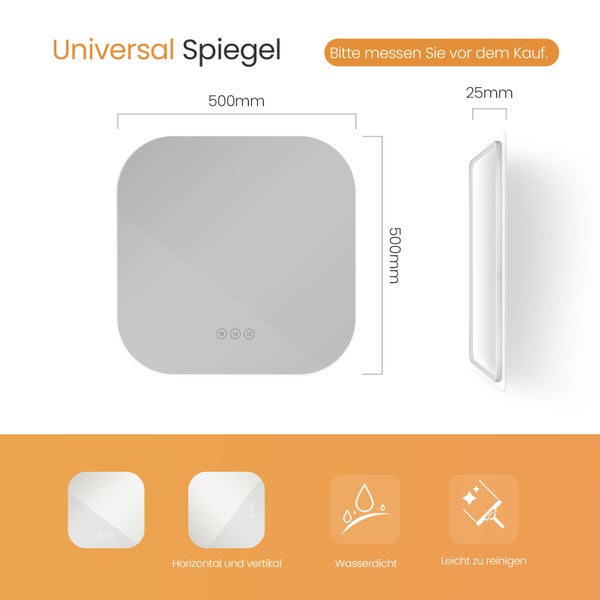 EMKE LED Badspiegel 50 x 50 cm, rahmenloses Design, 3 Farbtemperaturen & Helligkeit einstellbar, mit Memory-Funktion, horizontal montierbar, IP44, für Bad