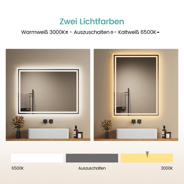 EMKE Badspiegel mit Beleuchtung 80 x 60 cm, Warmweiß/Kaltweiß, seitlicher Kippschalter, beschlagfrei, Aluminiumrahmen, IP44, für Badezimmer