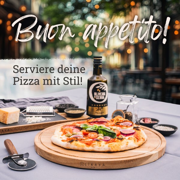 LIKAYA® Pizzabrett/Pizzateller 2er-Set rund ⌀35cm – FSC-Akazienholz mit Pizzaschneider | Perfekt für Pizza, Kuchen, Brotzeit & Käseplatte