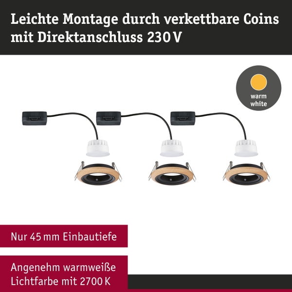LED Einbauleuchte Lanati 3er-Set rund 84mm 30° Coin 3x6W 3x470lm 230V 2700K Farbton Eiche geölt, Schwarz matt