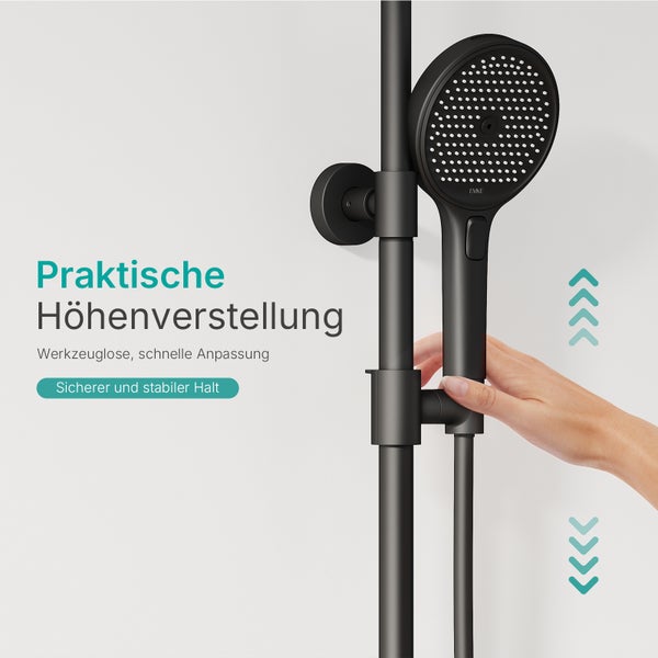 EMKE Duschsystem Thermostat, 4 Auslässe mit Rainfall-Kopfbrause, Handbrause & Kinderbrause, Wannenauslauf, digitales Display, Vorlauf-Funktion, Ablage & Entchlorung, Schwarz