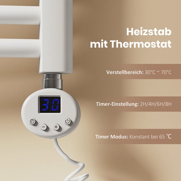 EMKE Elektrischer Badheizkörper mit Thermostat, Gebogener Handtuchwärmer mit Heizstab, Weiß, 1200 x 400 mm, 500 W