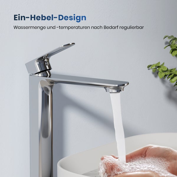 EMKE Badezimmerarmatur, Waschtischmischer, Haushaltswasserhahn, Waschtischarmatur für Aufsatzwaschbecken, Kurz Waschtischarmatur Messing Mischbatterie, Chrom, L215 x H 269mm