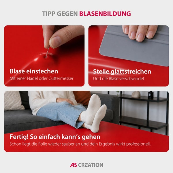 Anleitung zum Entfernen von Luftblasen bei Möbelfolie durch Einstechen und Glattstreichen sowie das fertige Ergebnis. AS Creation Logo.