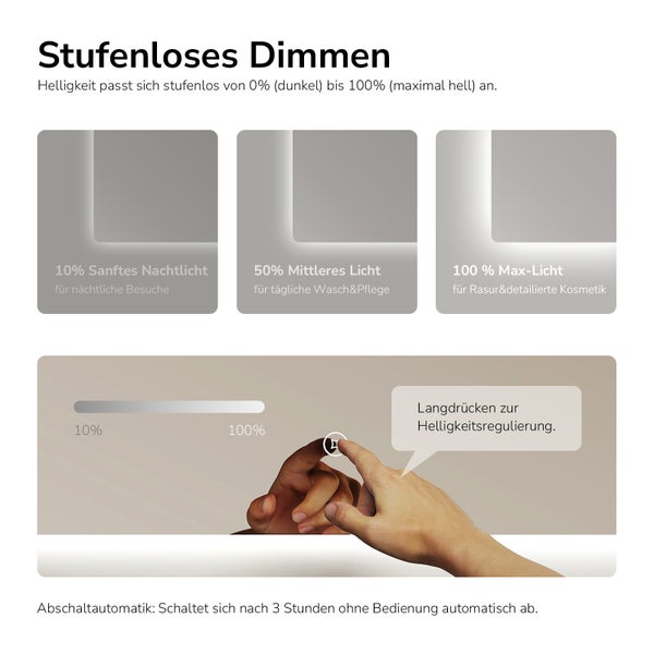Infografik zum stufenlosen Dimmen und zur automatischen Abschaltfunktion eines Badezimmerspiegels mit LED Beleuchtung.