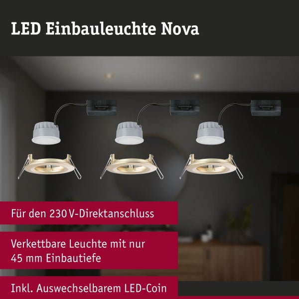 LED Einbauleuchte 3-Step-Dim Nova Coin Basisset starr IP44 rund 74mm Coin 3x6W 3x470lm 230V dimmbar 2700K Gold matt