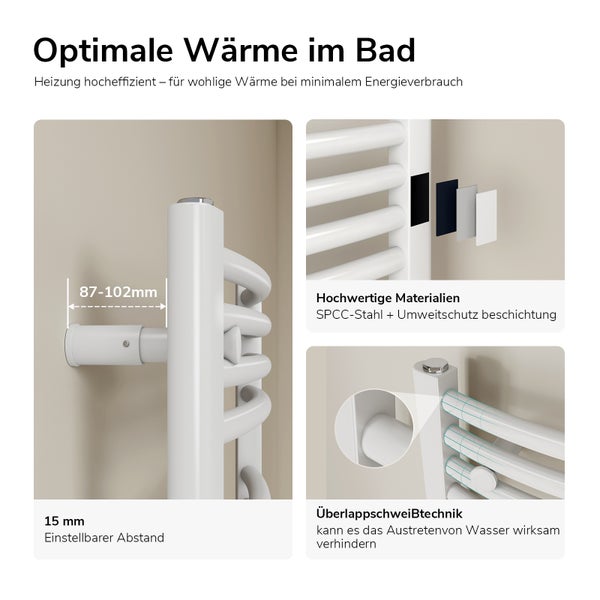 Detailansicht eines weißen Badheizkörpers mit Hinweisen zu Materialien, Abstand und Schweißtechnik