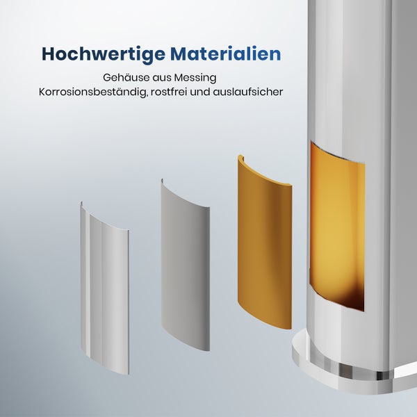 Schnittdarstellung eines Boilers mit Messinggehäuse, korrosionsbeständig, rostfrei und auslaufsicher.