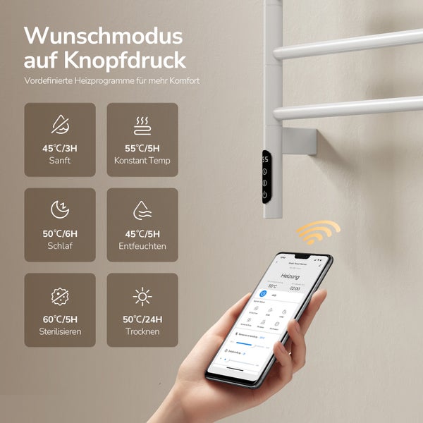 Weisser elektrischer Handtuchheizkörper mit App-Steuerung und Programmen von 45 bis 60 Grad Celsius zum Trocknen und Sterilisieren.