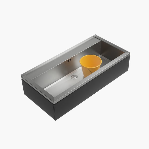 Spültisch aus Edelstahl mit Eimer