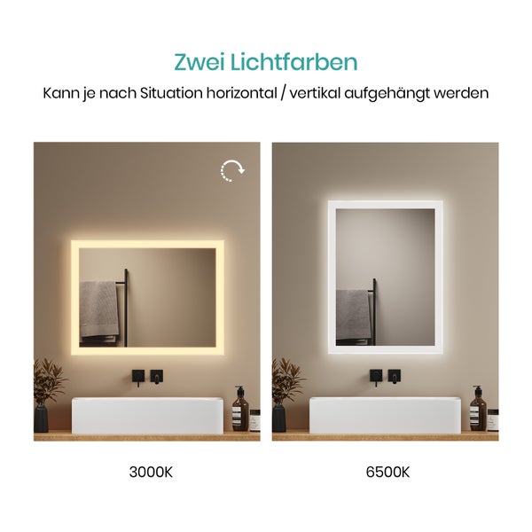 EMKE LED Badspiegel 60×45 cm, Warmweiß/Kaltweiß, seitlicher Kippschalter, beschlagfrei, IP44, mit mattiertem Rand, für Badezimmer