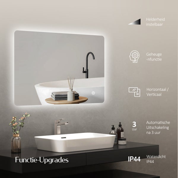 EMKE LED Badspiegel 80x60 cm, Touchschalter, 3 Lichtfarben einstellbar, Helligkeit dimmbar, IP44, rostfreier Spiegel, horizontal/vertikal montierbar, für Bad