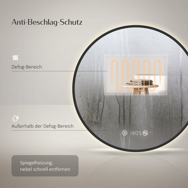 EMKE LED Badspiegel Ø60 cm, 4300K Neutrales Licht, Antibeschlag, Dimmbar, Schwarzer Rahmen, Uhr, Temperaturanzeige, für Badezimmer