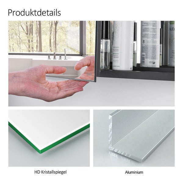 EMKE Spiegelschrank 850x145x650 mm, Grau, Rechteckig, Horizontal, 3 Innenräume, 3mm Rostfreies Spiegelglas, Mit Silent-Design Dämpfungsscharnieren, Badezimmer-Aufbewahrungsschrank, für Bad