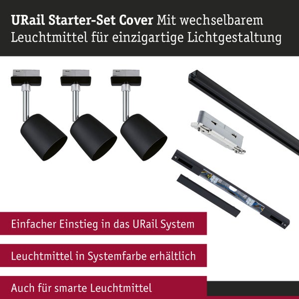 URail Schienenspot Cover Starterset GU10 max. 10W dimmbar 230V Schwarz matt, Chrom