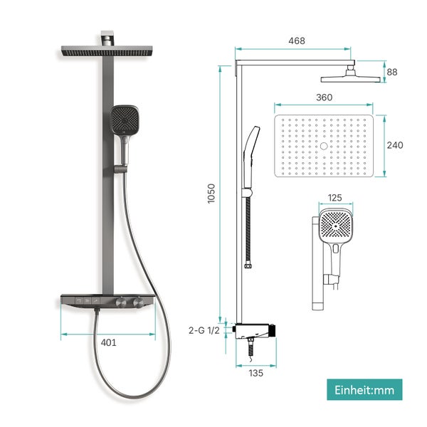 Technische Zeichnung einer Duschsäule mit Maßen