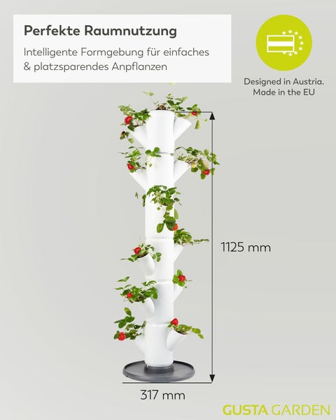 Vertikaler Pflanzturm Gusta Garden für Erdbeeren, Maße 1125 Millimeter hoch, 317 Millimeter breit, Gusta Garden Logo, Entworfen in Österreich.