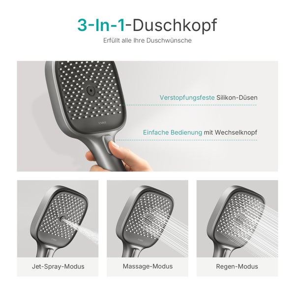 3-in-1 Duschkopf mit verschiedenen Duschmodi: Jet-Spray, Massage und Regen