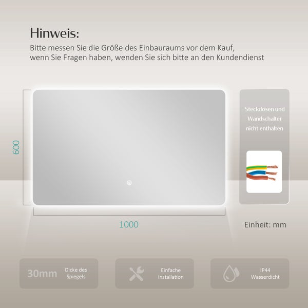 EMKE Badspiegel mit Beleuchtung 100 x 60 cm, Kaltweiß, Rückbeleuchtung, dimmbare Helligkeit, Touch-Schalter, horizontal/vertikal montierbar, IP44, für Bad