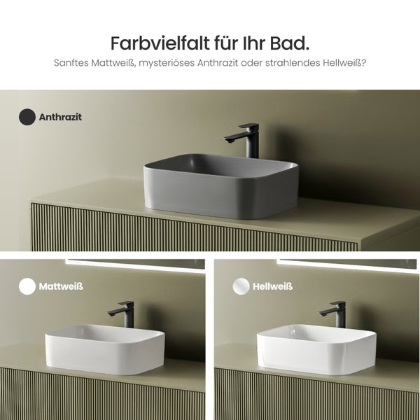 Waschbecken in Anthrazit, Mattweiß und Hellweiß auf einem Waschtischunterschrank