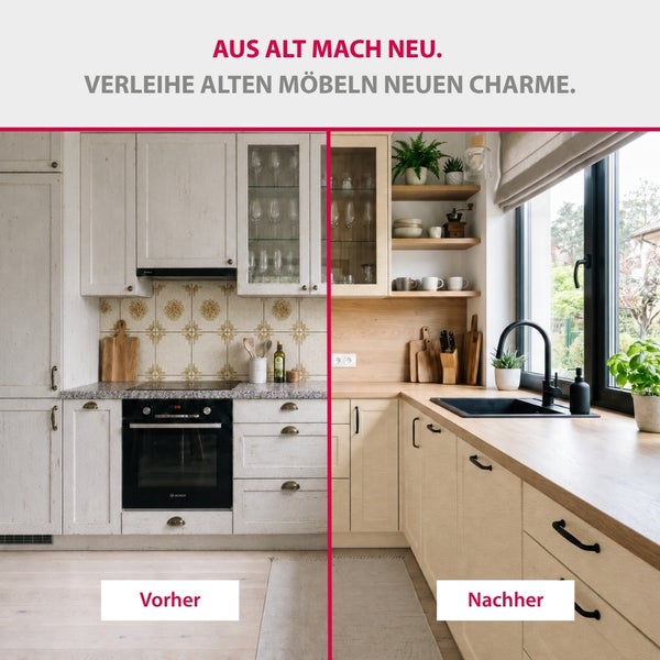 Küchenrenovierung im Vergleich: links eine alte Küche mit Musterfliesen, rechts eine moderne Küche mit Holzoptik-Fronten und schwarzer Spüle.
