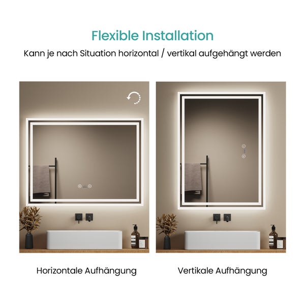 EMKE Badspiegel mit Beleuchtung 80 x 60 cm, Touch- & Sensorschalter, Anti-Beschlag, dimmbar, Warmweiß/Neutralweiß/Kaltweiß, 51 W, Aluminiumrahmen Weiß, flexibel montierbar, für Badezimmer