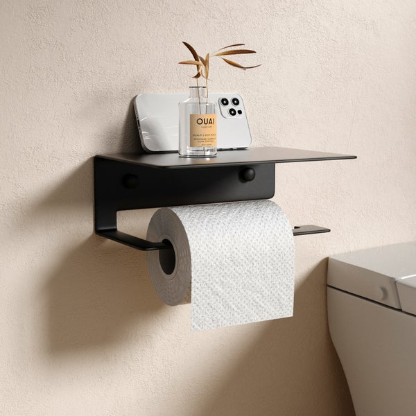 Schwarzer Toilettenpapierhalter mit Ablage im Badezimmer