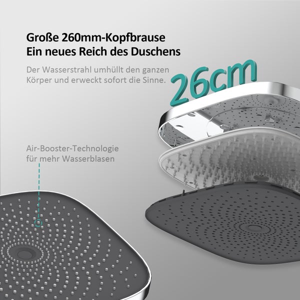 EMKE Duschsystem mit Thermostat Duschset Duschsäuleset mit Brausestange, Handbrause mit 3 Strahlstärken, Regendusche, Chrom