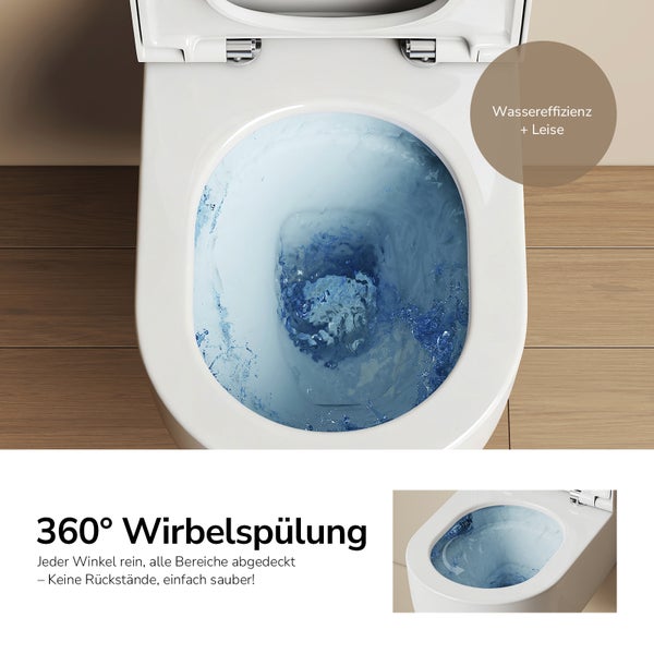 Aufnahme von oben einer weißen Toilette mit einer 360 Grad Spülung, die für Wassereffizienz und geringe Geräuschentwicklung sorgt