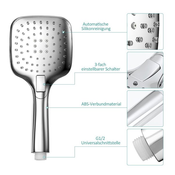 EMKE Duschkopf mit 3 Strahlarten – Regendusche Handbrause, Chrom, Universelle G1/2 Schnittstelle, Hochdruck Wassersparend für Badezimmer