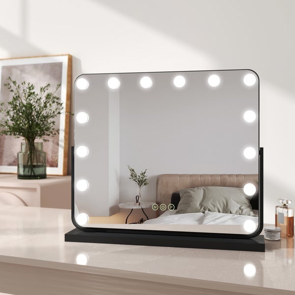 EMKE Hollywood Kosmetikspiegel mit Beleuchtung 600x516 mm, Tischspiegel mit Touchschalter, 14 dimmbare LEDs, 3 Lichtfarben, 7x Vergrößerung, Memory-Funktion, 360° drehbar, Schwarz