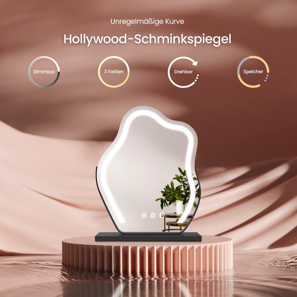 EMKE Hollywood-Spiegel mit Beleuchtung – 3 dimmbare Lichtfarben, 360° drehbarer Schminkspiegel mit Touch-Funktion, asymmetrisches Design, 60x45 cm , Schwarzer Rahmen
