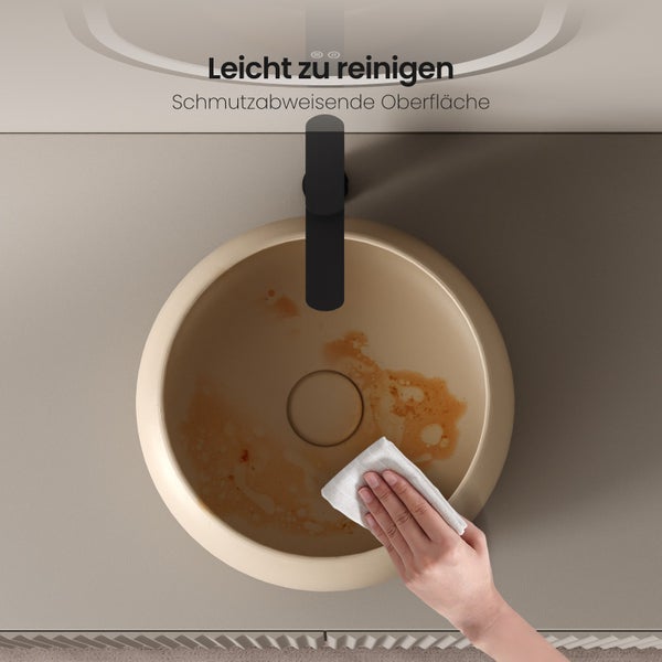 EMKE Aufsatzwaschbecken Ø36 cm, Keramik, Beige matt, Rund, Design Waschbecken für Bad & Gäste-WC, Pflegeleicht, Feuchtigkeitsbeständig, Höhe 12 cm