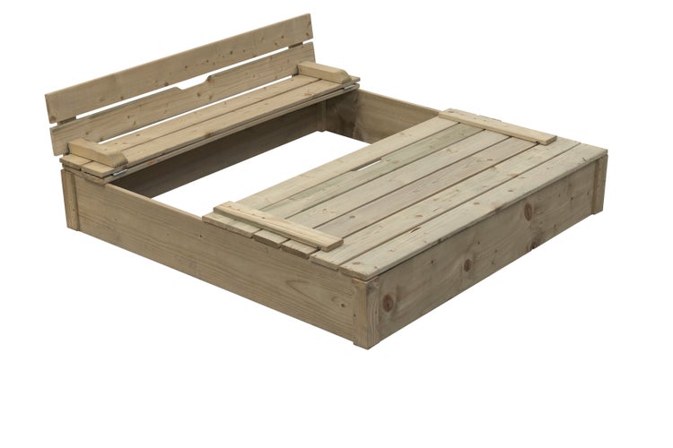 Sandkasten aus Holz mit Sitzbank und Abdeckung