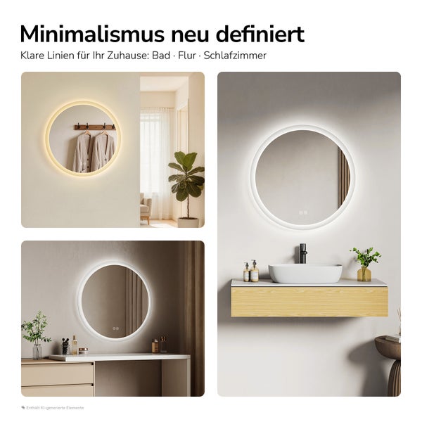 Runder LED Spiegel mit Hintergrundbeleuchtung und Touch Steuerung in verschiedenen Wohnbereichen wie Bad, Flur und Schlafzimmer.