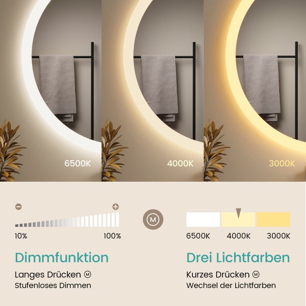 EMKE Badspiegel mit Beleuchtung LED-Spiegel mit Touchschalter ф60cm,  rund, Anti-Beschlag, 3 dimmbare Lichtfarben