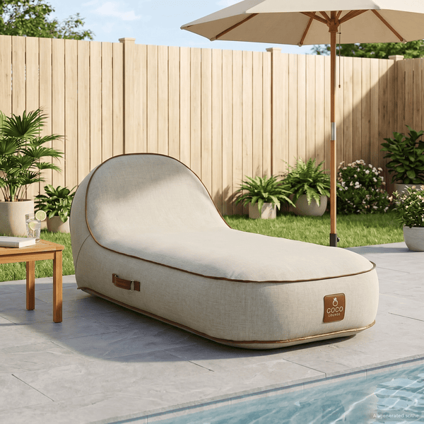 Eine Frau entspannt auf einem beigen schwimmenden Pool-Sitzsack von COCO LOUNGE in einem hellen Gartenpool.