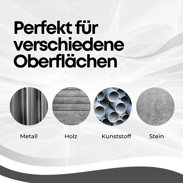 Infografik zeigt die Eignung des Produkts für verschiedene Oberflächen wie Metall, Holz, Kunststoff und Stein.