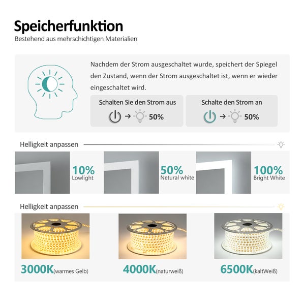 EMKE Badspiegel mit Beleuchtung LED-Spiegel mit Touchschalter,  rund, 3 dimmbare Lichtfarben, ф50cm