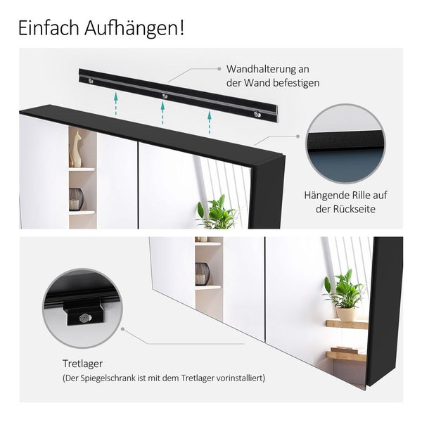 EMKE Spiegelschrank 75x65 cm, 2-türig, Schwarz, mit 3 Ablageflächen, kupferfreies & rostfreies Spiegelglas, Dämpfscharniere, großer Stauraum, für Badezimmer