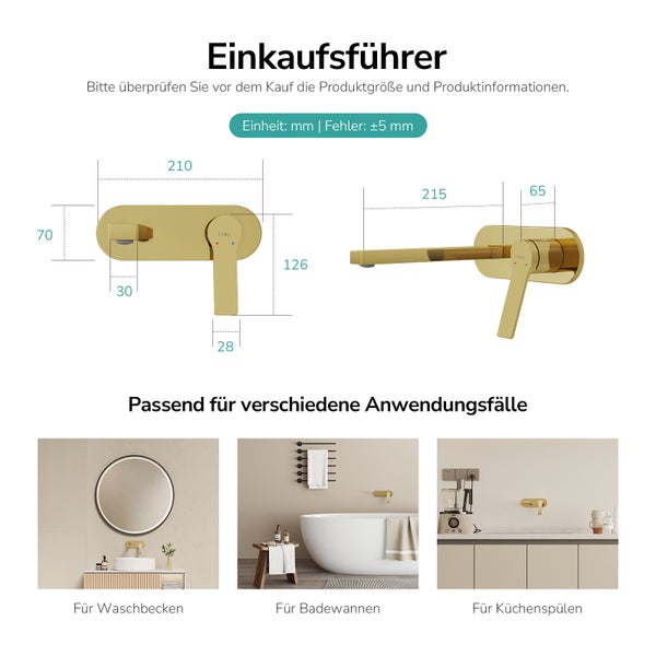 Einkaufsführer für eine Wandarmatur mit Maßangaben und Anwendungsbeispielen