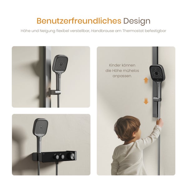 EMKE Duschsystem mit 2 Wasserabläufen, Duschkopf & Handbrause mit 3 Funktionen, 355 mm langer Auslauf, matt anthrazit, modernes Design, 355×150×1150 mm