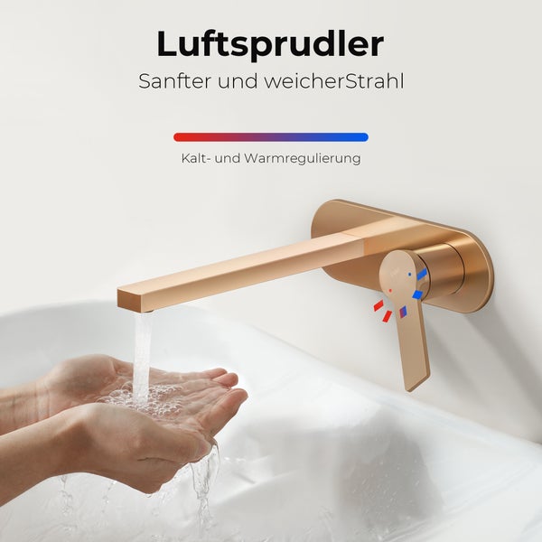 EMKE Unterputz Waschtischarmatur, 2-Loch Wandmontage mit Luftsprudler, Einhebelmischer für Waschbecken und Badewanne, L 215 x H 210 x Ø 17 mm, Rosengold