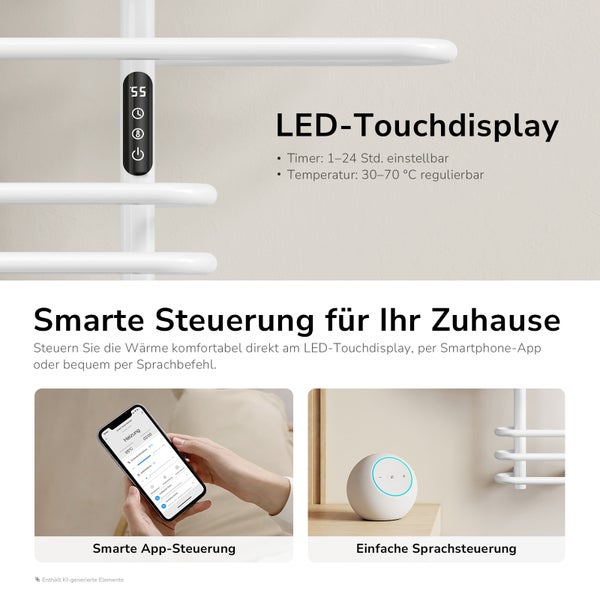 Elektrischer Handtuchheizkörper mit LED Touchdisplay, steuerbar über App und Sprachsteuerung für eine komfortable Wärmeregelung.