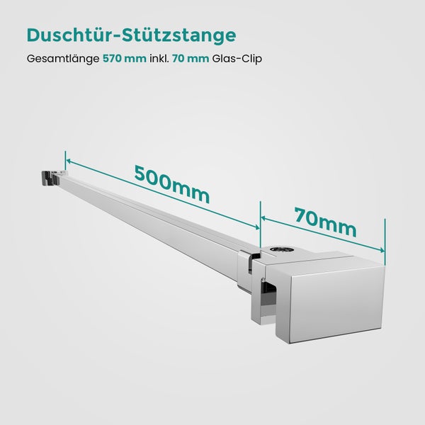 Duschtür-Stützstange mit einer Gesamtlänge von 570 Millimeter, inklusive 70 Millimeter Glas-Clip und 500 Millimeter Stange.