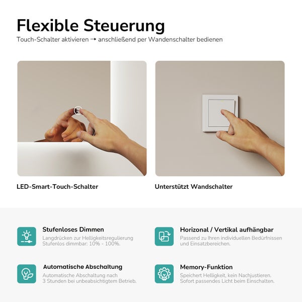 Infografik zeigt flexible Steuerung für LED Spiegel mit Touch Schalter, Wandbedienung, stufenlosem Dimmen, Automatikabschaltung und Memory Funktion.