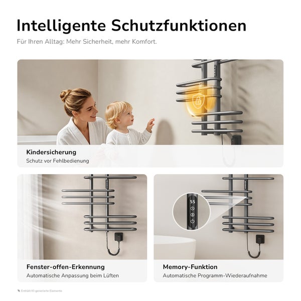 Infografik zeigt intelligente Schutzfunktionen eines Handtuchheizkörpers: Kindersicherung, Fenster-offen-Erkennung und Memory-Funktion.