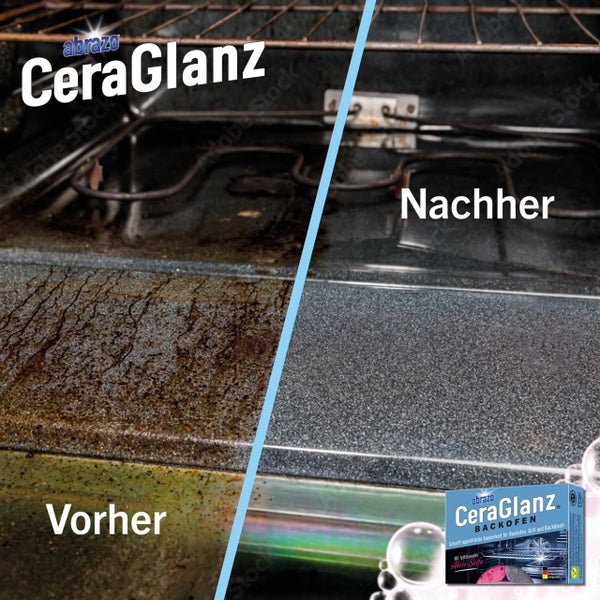 Vorher-Nachher-Vergleich der Backofenreinigung mit abrazo CeraGlanz; links verkrusteter Schmutz, rechts die saubere, glänzende Oberfläche.